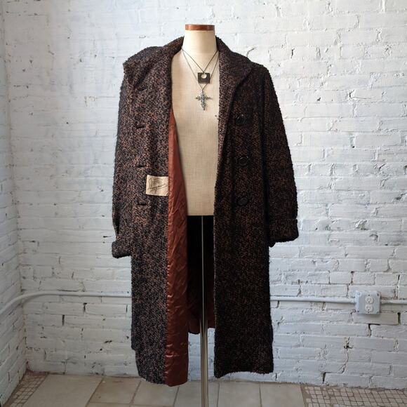 Vintage Black Rusty Fuzzy Wool Trench Coat Preppy Knit Boucle Boho Breezy Jacket - Picture 9 of 12
